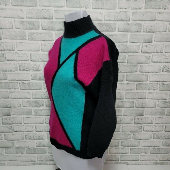 Vintage 80s Richard &‎ Co Bright Colorful Colorblock Angora Sweater Mock Neck - Picture 2 of 7